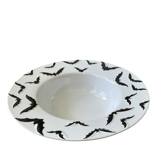 Halloween Embossed Bat Serving Bowl 13in Ceramic Black & White Spooky Boo NEW - Picture 5 of 13